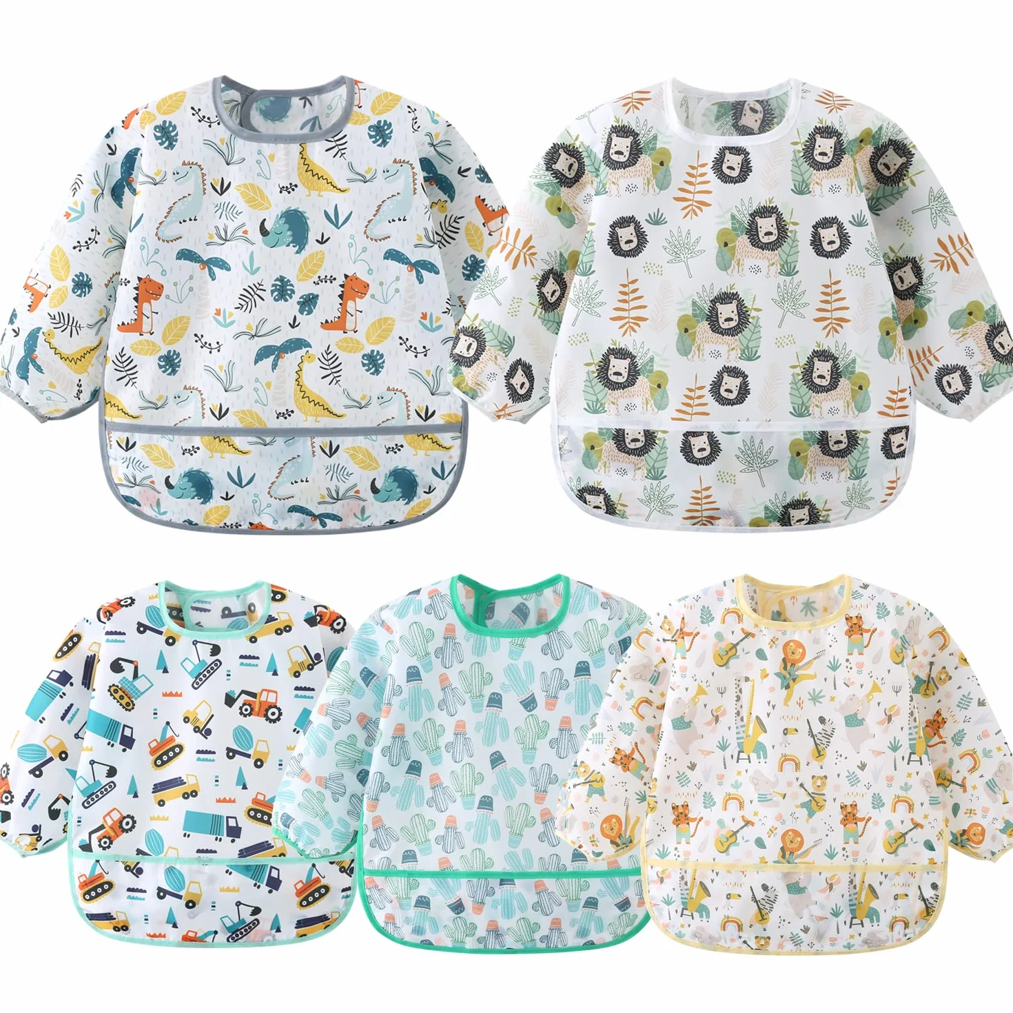 Paquete de 5 Babero con Mangas Impermeable 6-30 Meses Baberos Babetes Bebe lavables