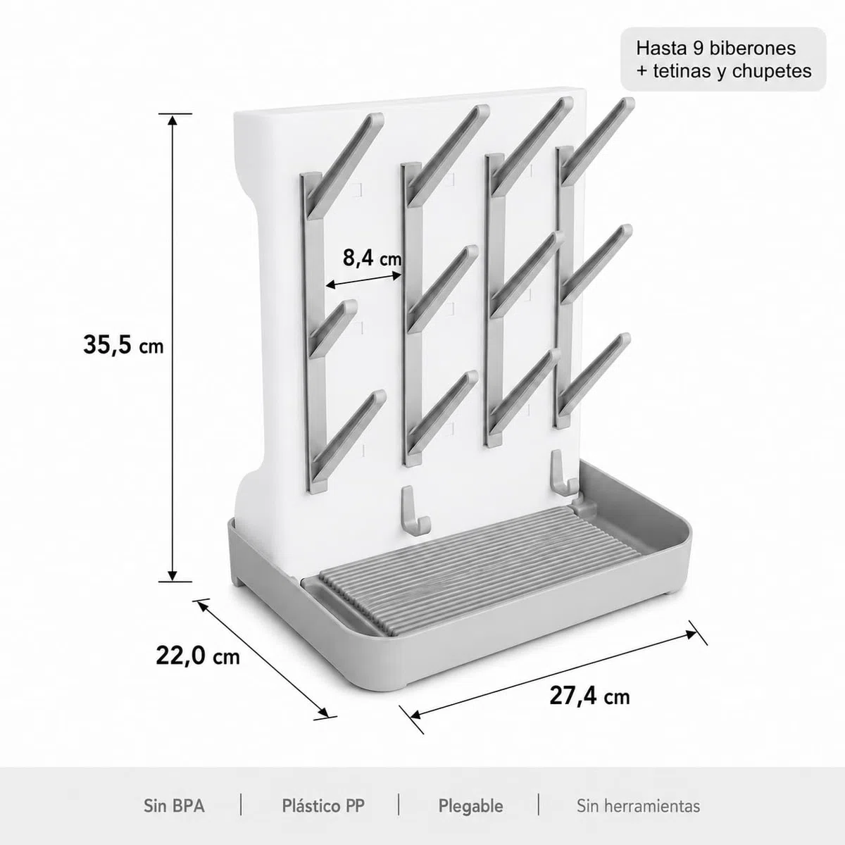 Almar Baby Escurridor de Biberones Plegable Gris y Blanco – Soporte Portátil para Botellas y Accesorios de Bebé, Ideal para Viajes y Salidas, Compacto con Bandeja Antigoteo