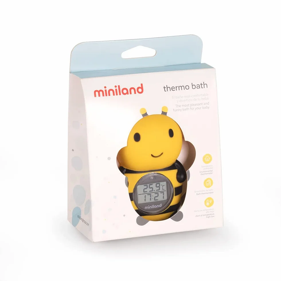 Miniland Termómetro de baño para bebe con Divertido Diseño de Abeja, Termómetro Bañera bebe, Pantalla con función reloj y temporizador, Flotante y resistente al agua | Bee