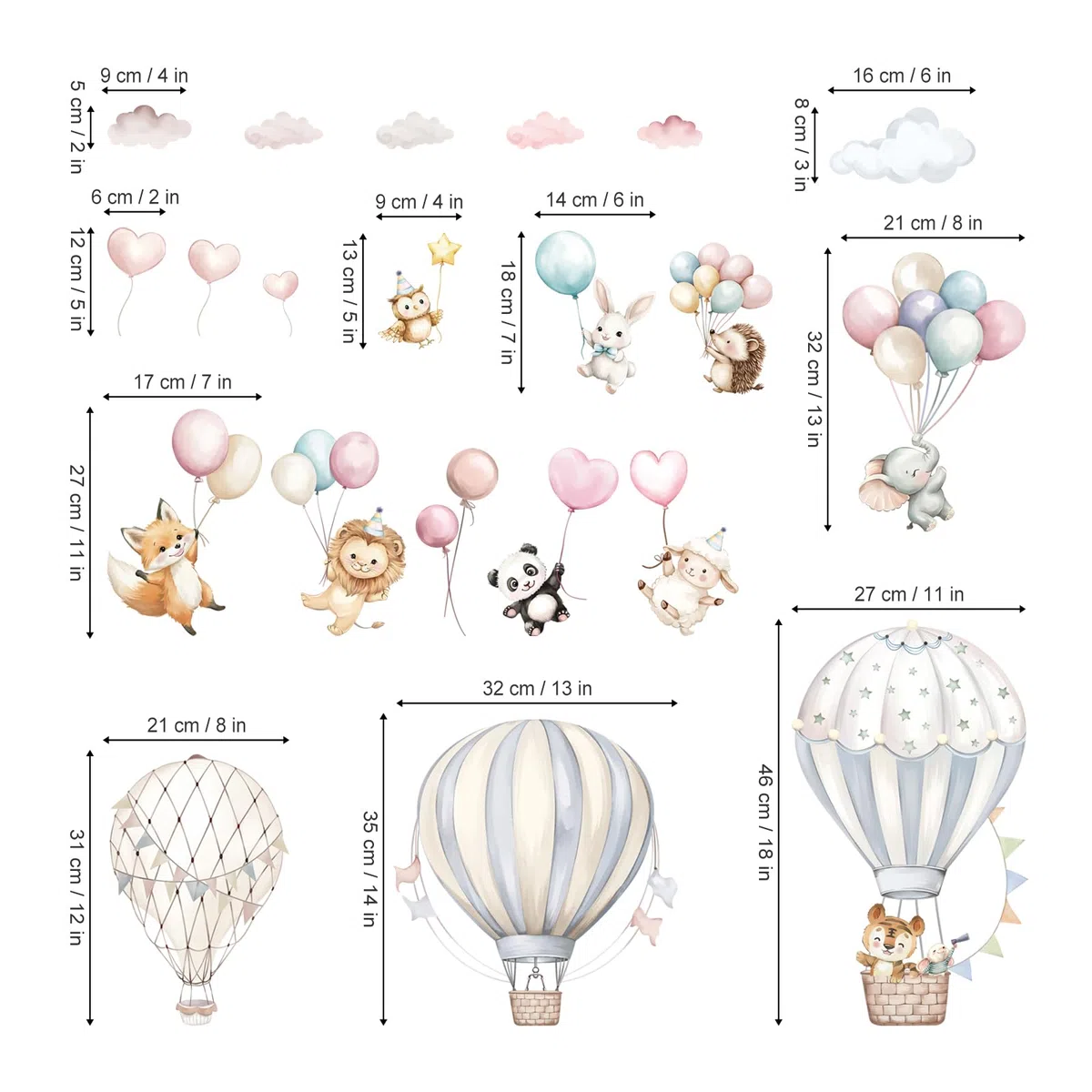 Pegatinas de Pared de Globo Aerostático de Dibujos Animados Vinilos para Pared de Animales Autoengluables y No Tóxicos para Dormitorios de Niños y Salones
