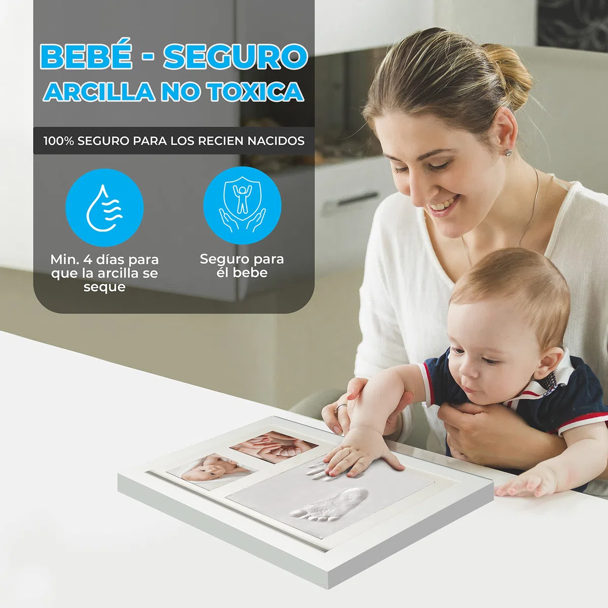 Atlants Marco de Huellas para Bebé, kit de arcilla segura y antigrietas, manos y pies, madera blanca premium, incluye rodillo, recuerdo original, regalo baby shower y mascotas
