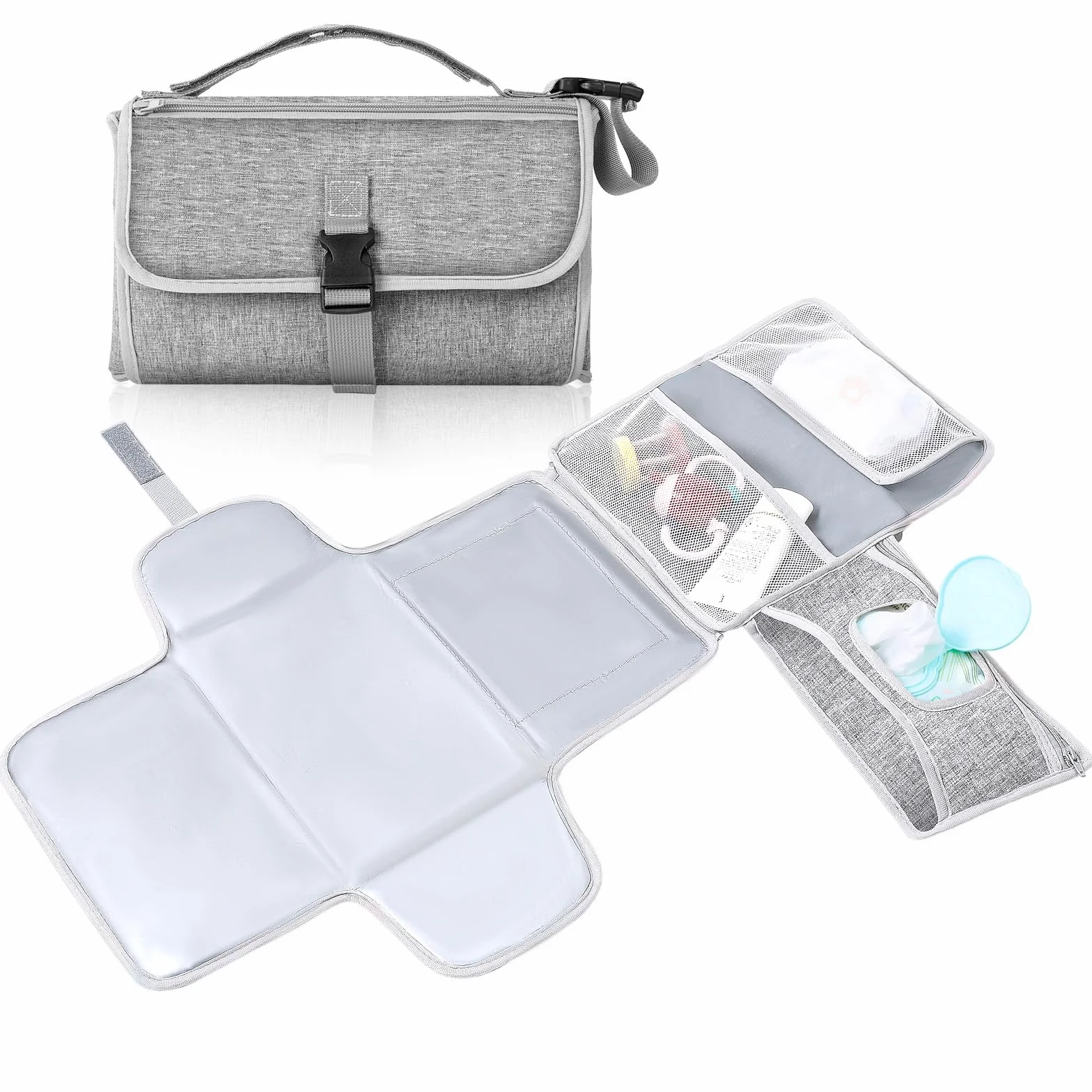 Romon cambiador portátil colchones plegables y desmontable mantas bolso con 5 bolsillos cambiador impermeable reutilizable diaper mat accesorios para cuidado gris
