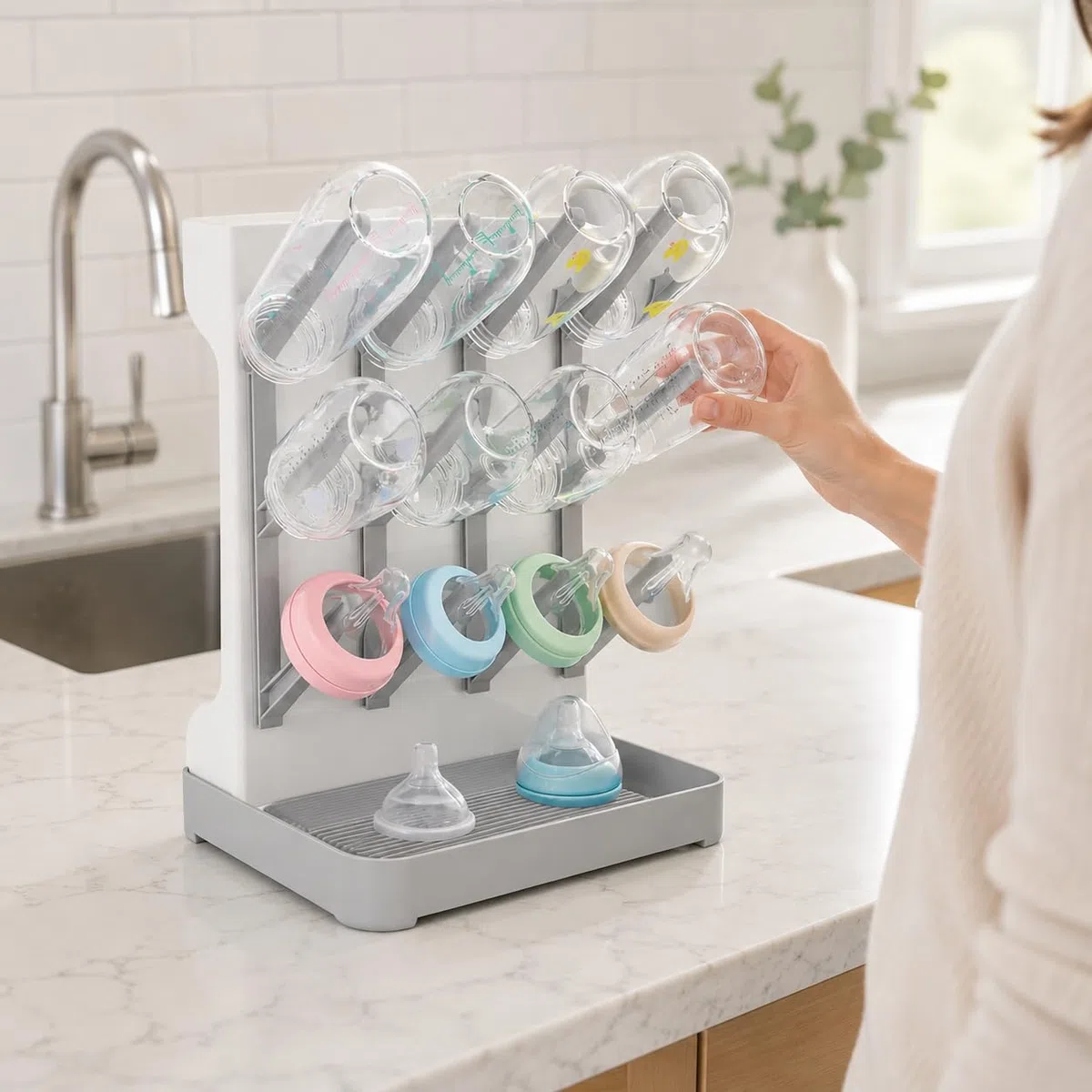 Almar Baby Escurridor de Biberones Plegable Gris y Blanco – Soporte Portátil para Botellas y Accesorios de Bebé, Ideal para Viajes y Salidas, Compacto con Bandeja Antigoteo