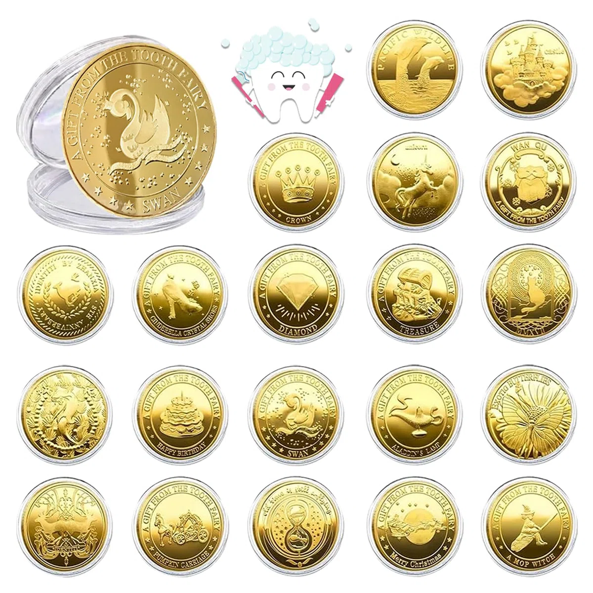 Monedas de hada de los dientes, 20 piezas Hada de Dientes Monedas de Oro, diferentes diseños Regalos del Hadas de los Dientes para niñas y niños