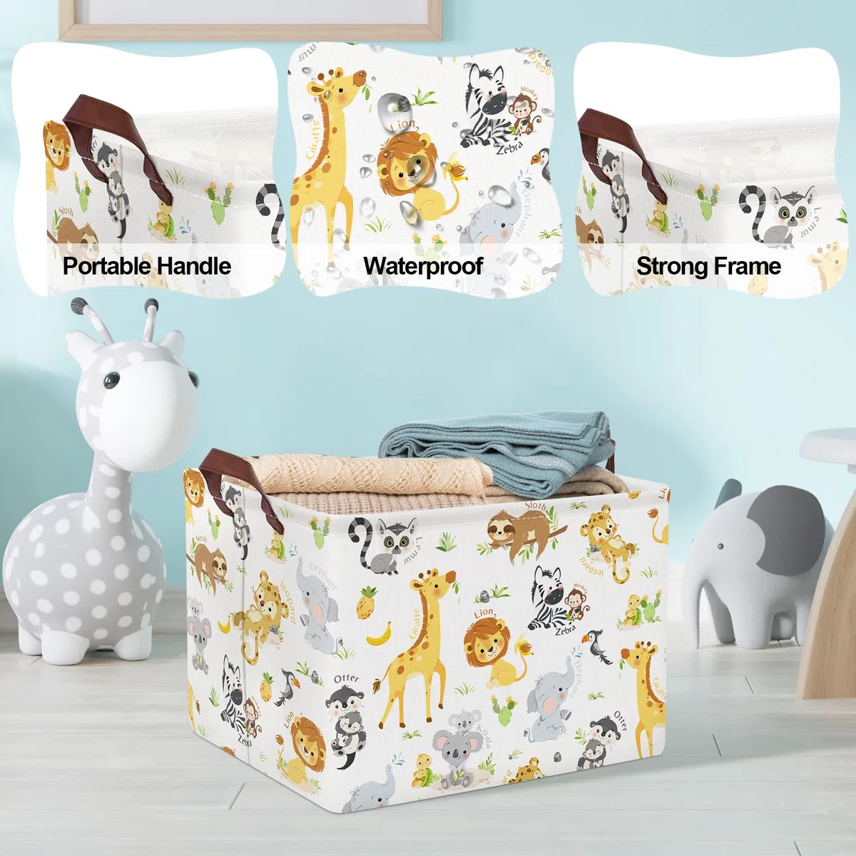 Clastyle 36L Grande Cajas de Almacenaje Animales con Asa Cesta para Guardar Blanco Ropa Juguetes Plegable Rectangular para Habitación Infantil Dormitorio