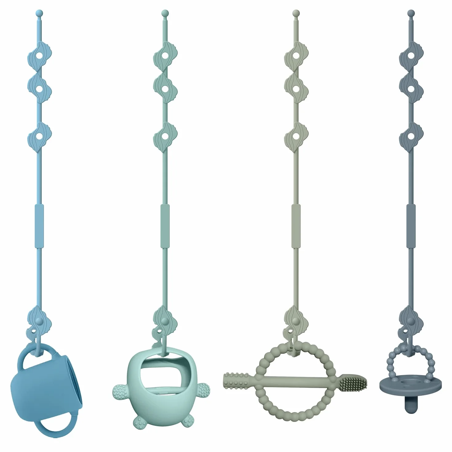 Juego de 4 cinturones de seguridad para juguetes, silicona Pacifier Chain, taza de aperitivo de Correas, taza de bebida, para cochecito, silla alta, cuna, niños y niñas de 3 meses
