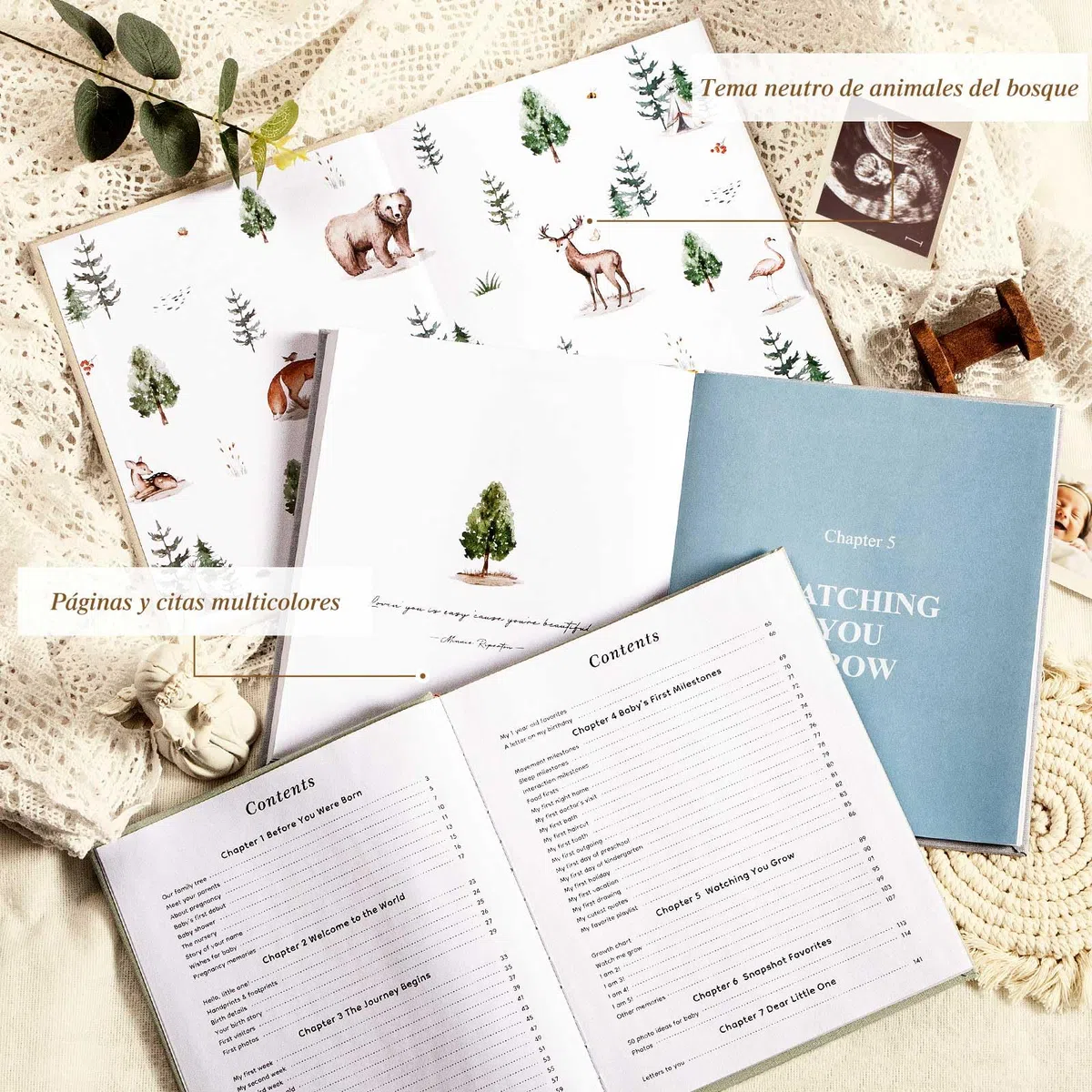 Lanpn Album Bebe Primer 5 Año para Niña Niño - Libro Recuerdos Bebé para Pegar Fotos y Escribir - Hello Baby Libros Cuaderno Diario Álbum Fotos Bebe Regalo Recién Nacido (Azul,154 Páginas, Inglés)