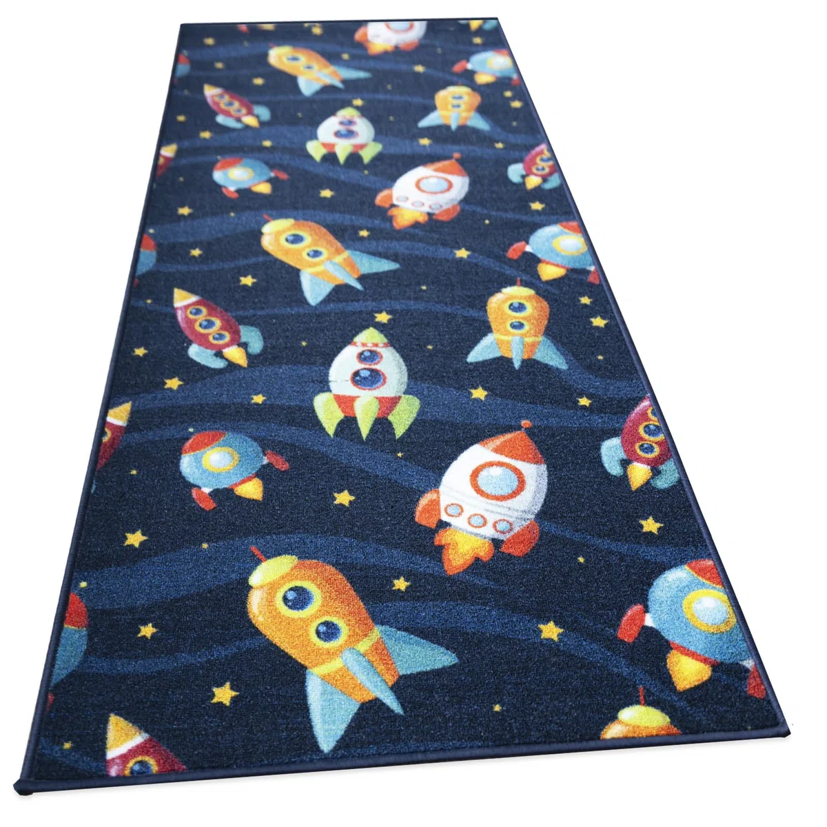 KARAT Alfombra infantil, para habitación y pasillo, antideslizante, resistente y fácil de cuidar, 80 x 200 cm, azul (lindos cohets)