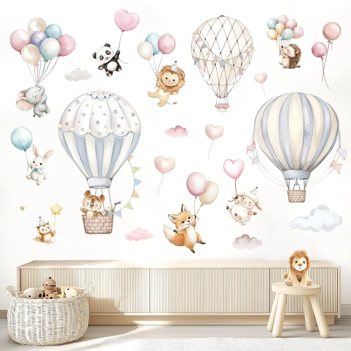 Pegatinas de Pared de Globo Aerostático de Dibujos Animados Vinilos para Pared de Animales Autoengluables y No Tóxicos para Dormitorios de Niños y Salones