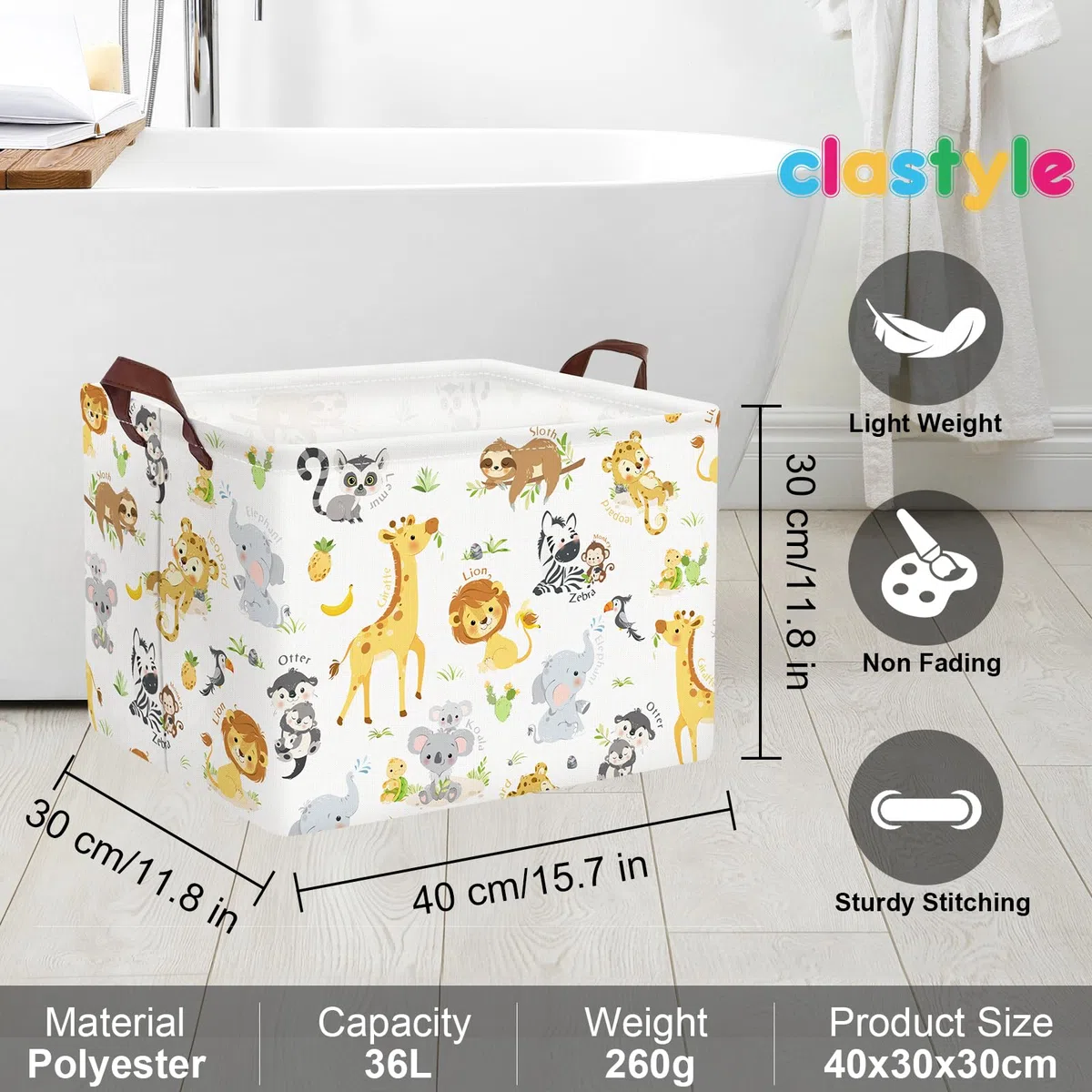 Clastyle 36L Grande Cajas de Almacenaje Animales con Asa Cesta para Guardar Blanco Ropa Juguetes Plegable Rectangular para Habitación Infantil Dormitorio