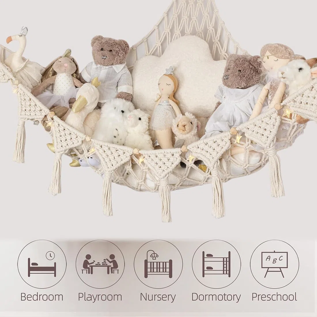 Hamaca de juguete, red de almacenamiento de animales de peluche, macramé, bohemio, soporte para juguetes de peluche, organizador colgante para dormitorio