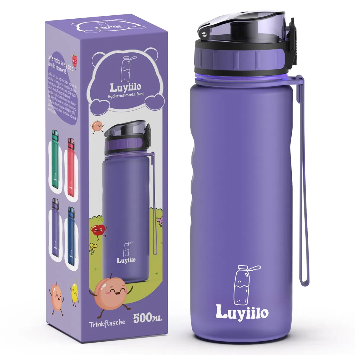Luyiilo Botella infantil a prueba de fugas, 500 ml, apta para bebidas carbonatadas, sin BPA, botella con inserto de frutas y pegatinas, perfecta para guardería, escuela (morado)