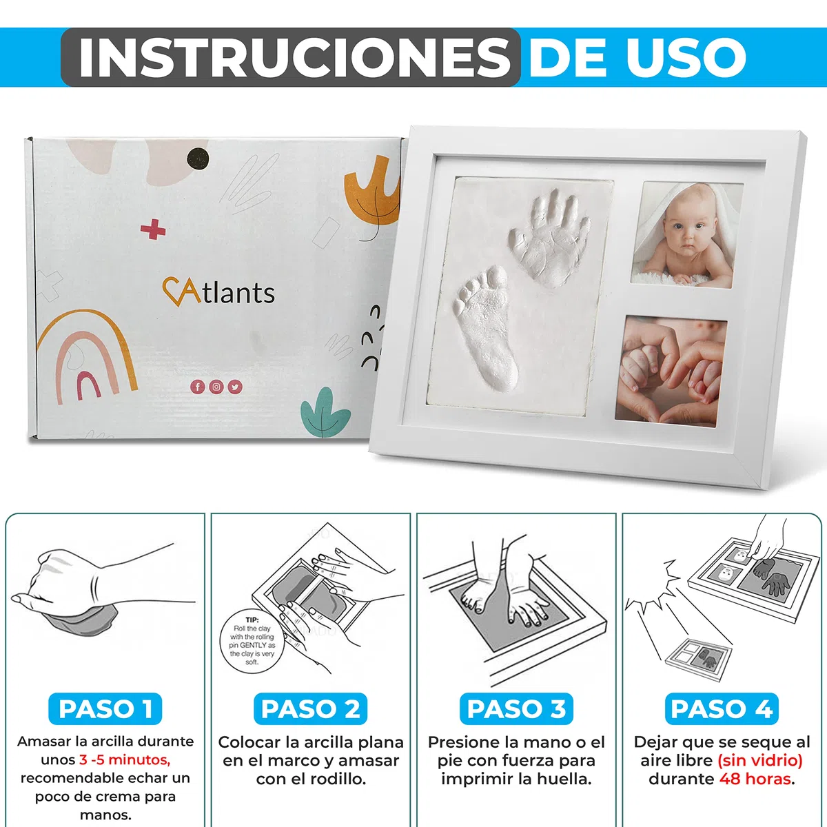 Atlants Marco de Huellas para Bebé, kit de arcilla segura y antigrietas, manos y pies, madera blanca premium, incluye rodillo, recuerdo original, regalo baby shower y mascotas