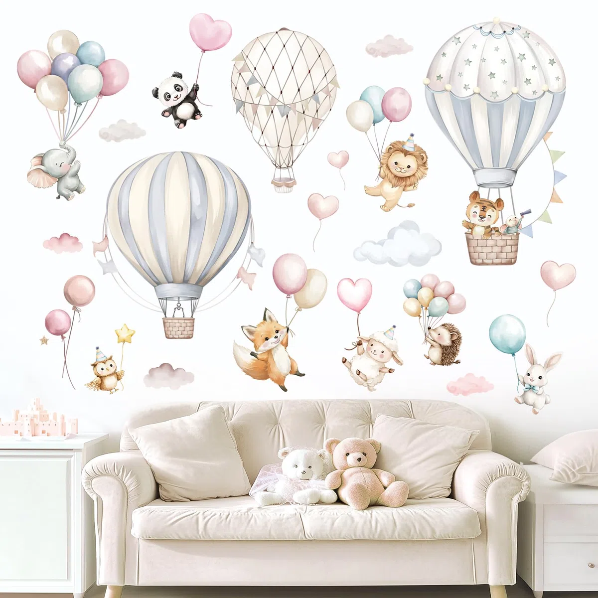 Pegatinas de Pared de Globo Aerostático de Dibujos Animados Vinilos para Pared de Animales Autoengluables y No Tóxicos para Dormitorios de Niños y Salones