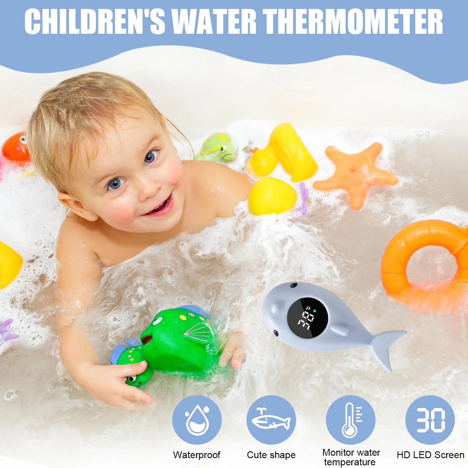 Termómetro de Baño Digital, Termómetro de Bañera con Alarma de Advertencia LED, Termometro de Baño para Bebés, Termometro Digital de Agua para Pequeños Bañeras Piscinas (Azul)