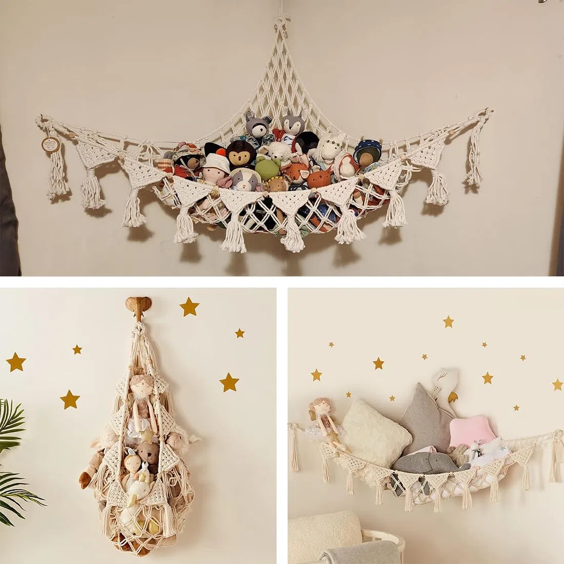 Hamaca de juguete, red de almacenamiento de animales de peluche, macramé, bohemio, soporte para juguetes de peluche, organizador colgante para dormitorio