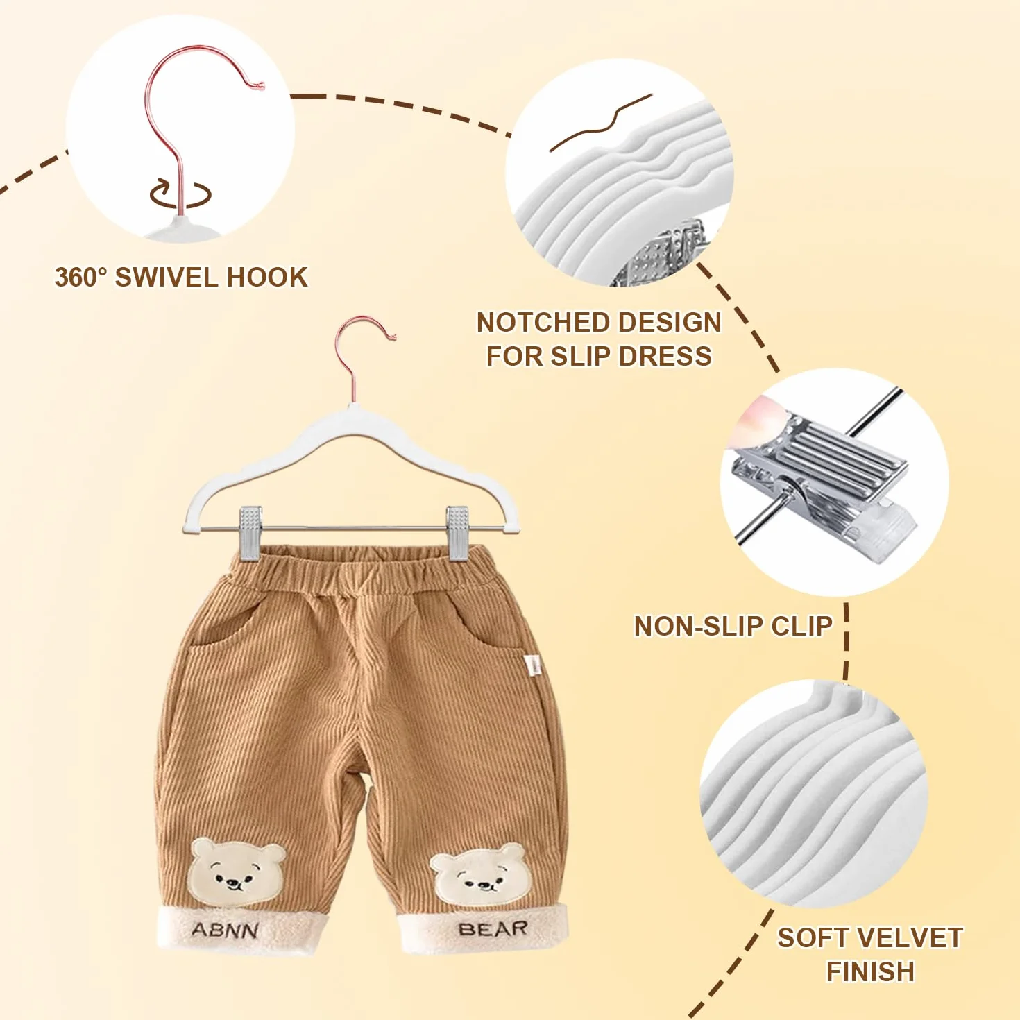 Perchas de Terciopelo con Clips para Ropa de Niños de 30cm, Perchas Antideslizantes para Niños Pequeños y Bebés, 14 Piezas, Color Blanco con Oro Rosa