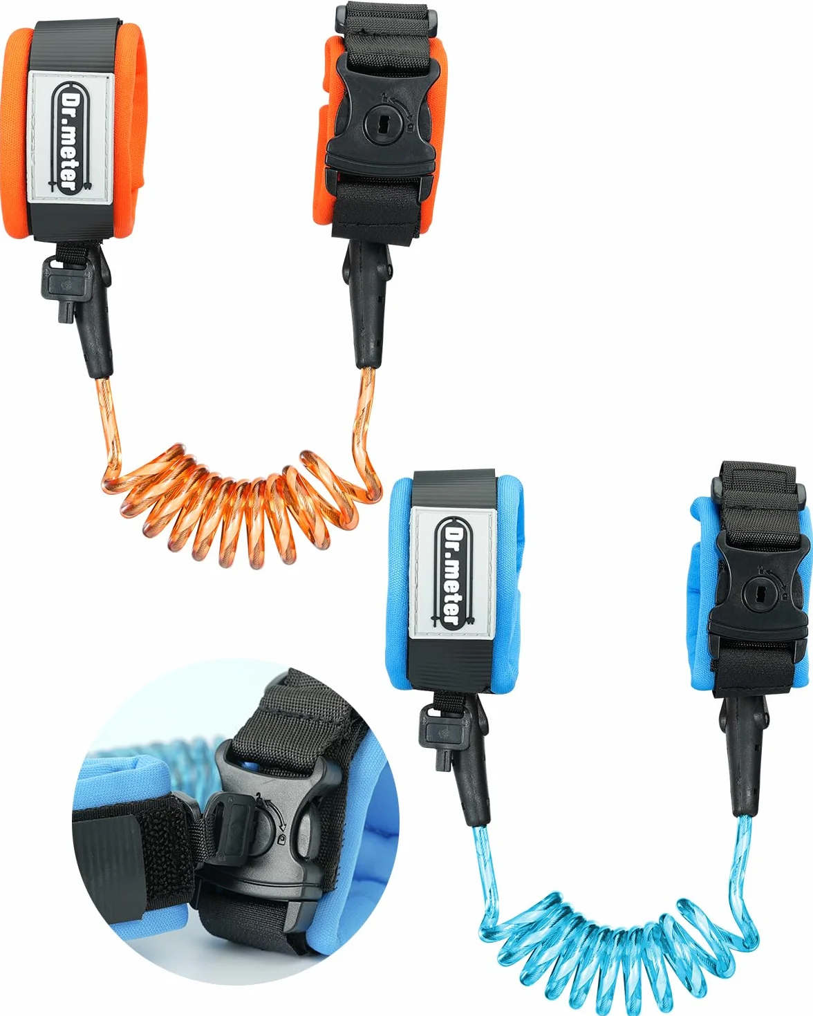 Dr.meter 2 correas para niños, correa para niños, giratoria 360°, cinturón antipérdida, correa de seguridad reflectante con cierre de seguridad (Azul + Naranja)