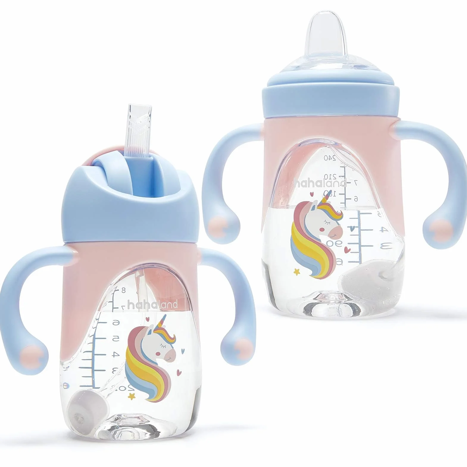 hahaland 2 en 1 Vaso Aprendizaje Bebes, Vaso Antiderrame Bebe con Boquilla y Pajita, Vaso Antigoteo Bebe Sippy Cups para Bebes 6+ meses, 240ml (Un Vaso con Boquilla y Pajita)