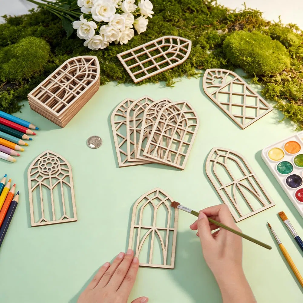 PH PandaHall 4 estilos de recortes de madera para ventana, 20 piezas de rebanadas de madera sin terminar, ventanas en miniatura en blanco, mini ventanas de casa de hadas para manualidades, cumpleaños