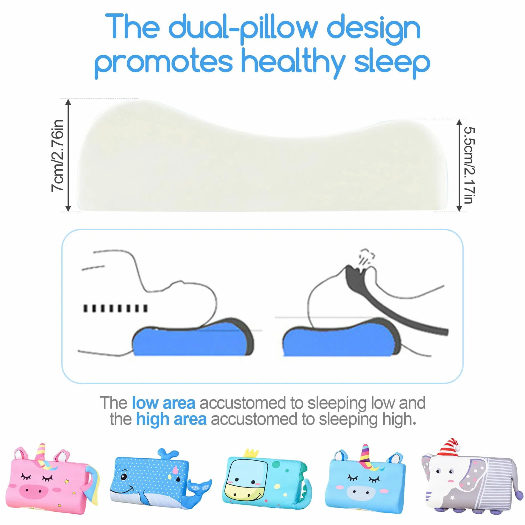TZEKING Almohada Infantil Ergonómica 45x27x6cm Espuma Viscoelástica Transpirable Hipoalergénica Funda Lavable
