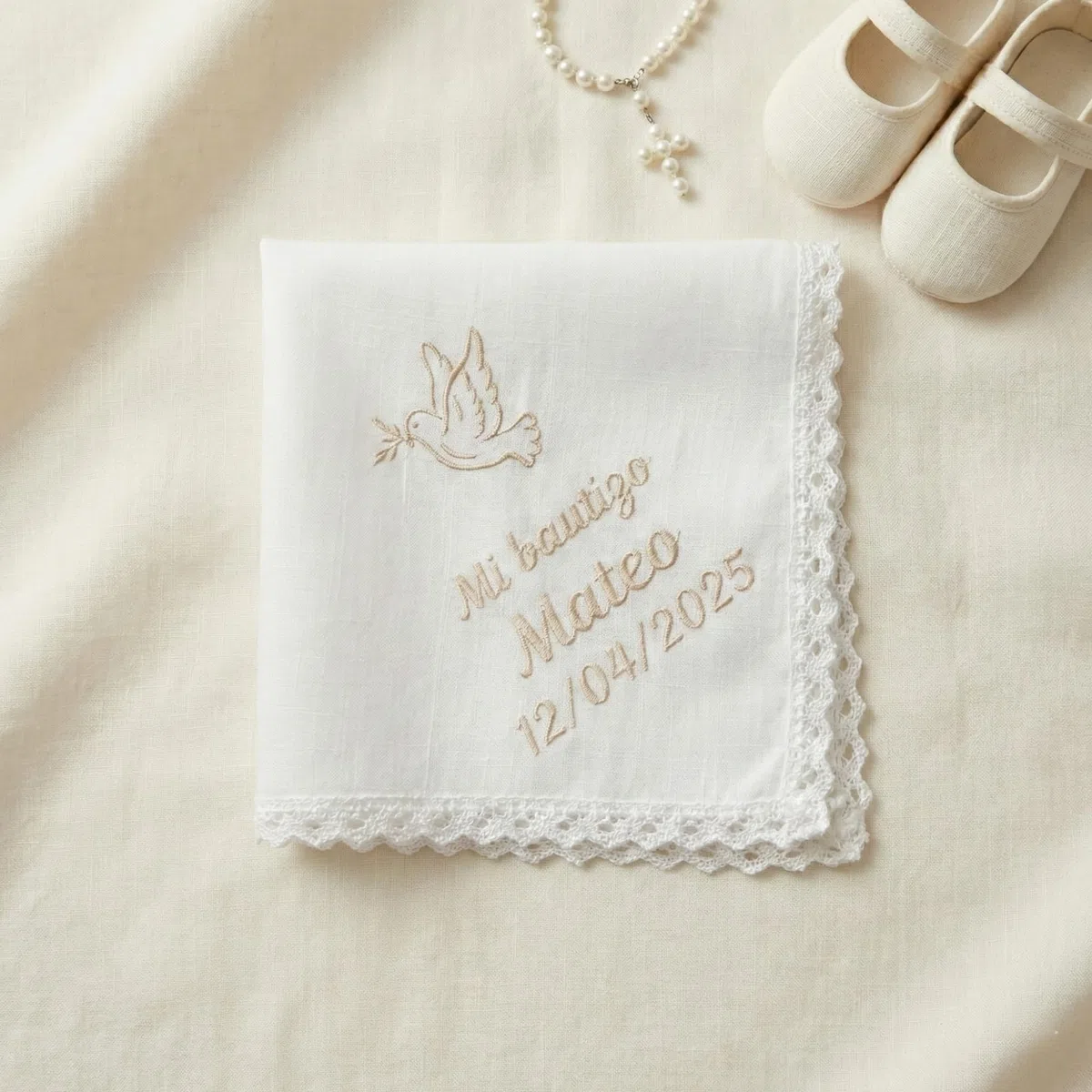 Pañuelo Bautizo Personalizado Bordado con Nombre y Fecha – Paño Bautismo de Lino y Algodón Natural – Pañuelo Bautizo Niño Niña – Regalo Bautizo Personalizado