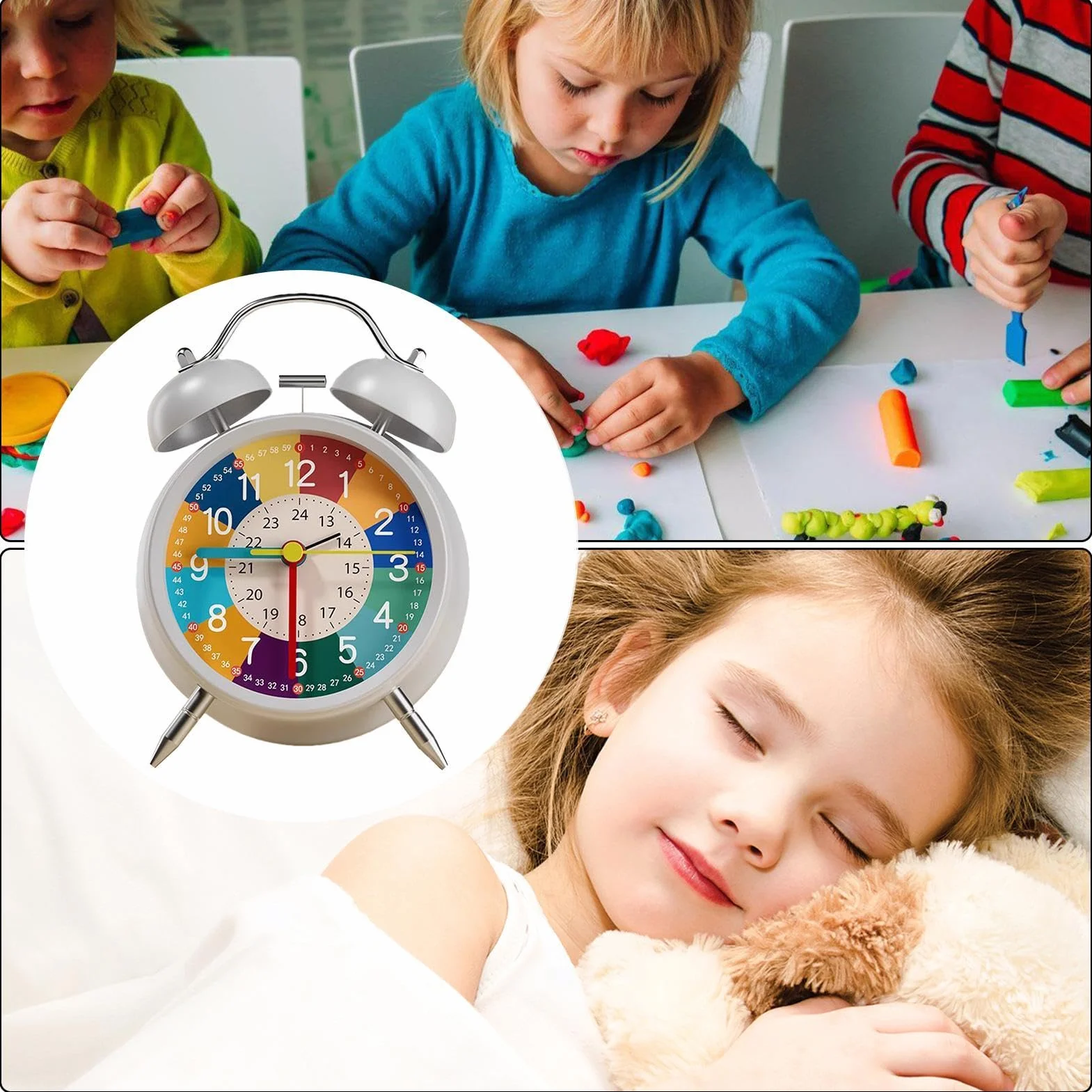 Analogue Alarm Clock Non Ticking Interactive Learning Clock For Kids 11.5x16cm Brightly Colored With Night Light
