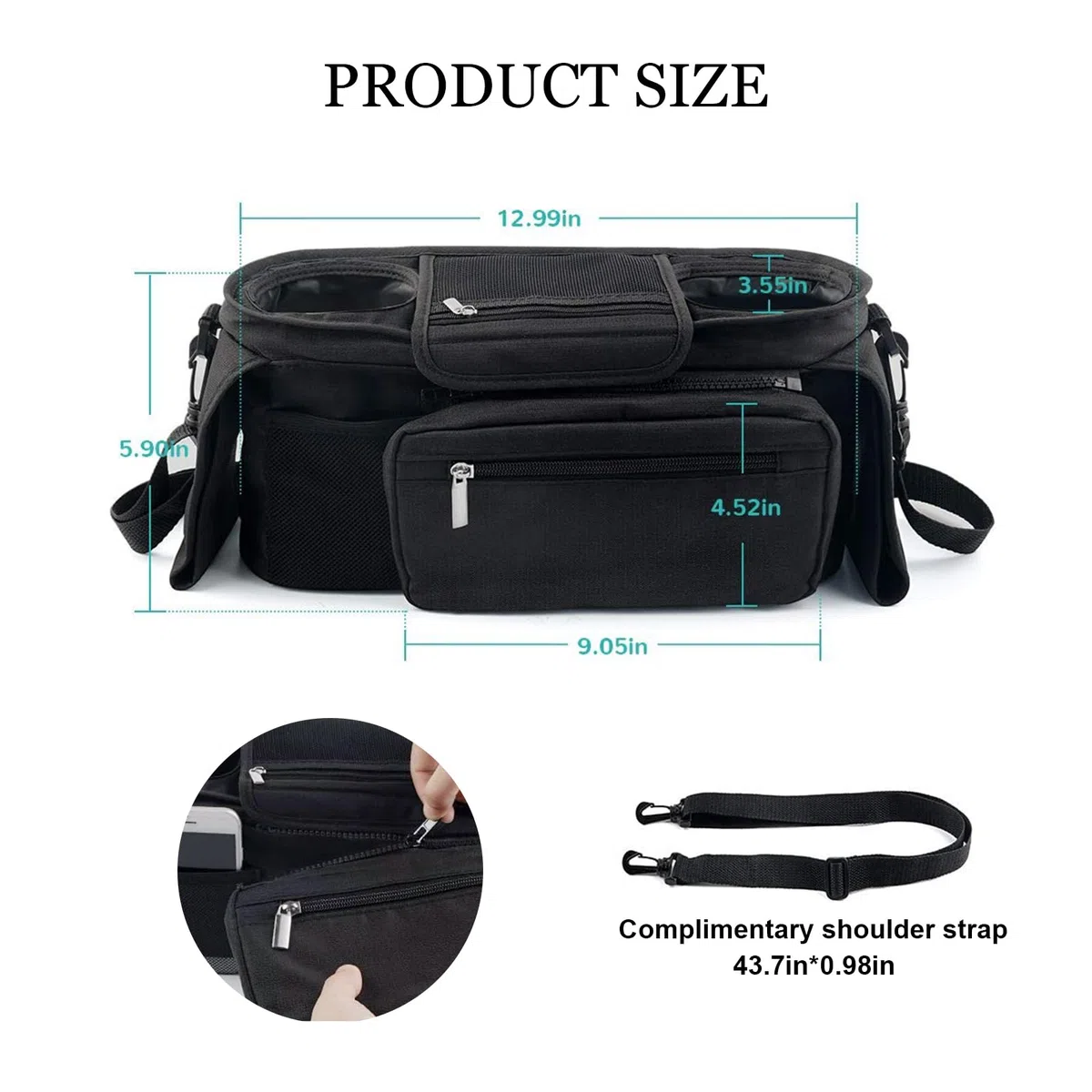 Universal Organizador para Cochecito, Bolsas para Cochecito Accesorios para Bebés con Bolsillo, Cremallera, Correa para el Hombro y Espacio de Almacenamiento para Pañales y Teléfonos, Negro