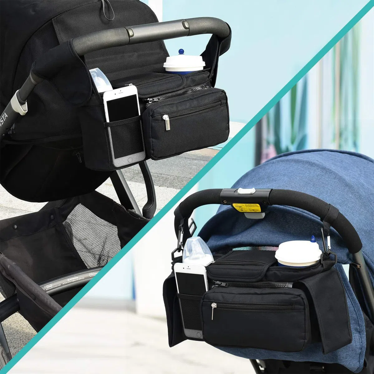 Universal Organizador para Cochecito, Bolsas para Cochecito Accesorios para Bebés con Bolsillo, Cremallera, Correa para el Hombro y Espacio de Almacenamiento para Pañales y Teléfonos, Negro