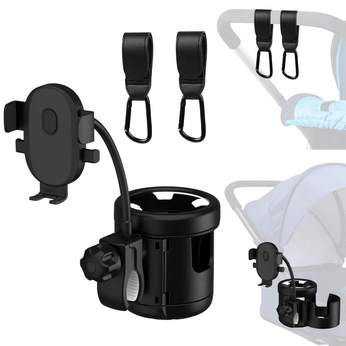 Portavasos Carrito Bebe, Universal 3 en 1 Soporte para Bebidas para Cochecito de Bebé con 2 Ganchos, para Silla de Ruedas, Bicicletas, Carrito Bebe, Scooters