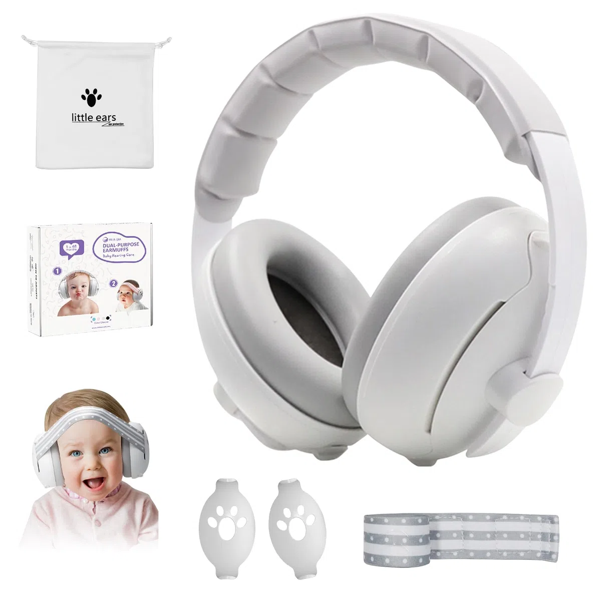 2 en 1 Cascos Bebe Antiruido, Protectores Auditivos para Bebés con Diadema Ajustable, Orejeras Reductoras de Ruido Niños, para Viajes y Entornos Ruidosos, para Bebés de 0 a 48 meses