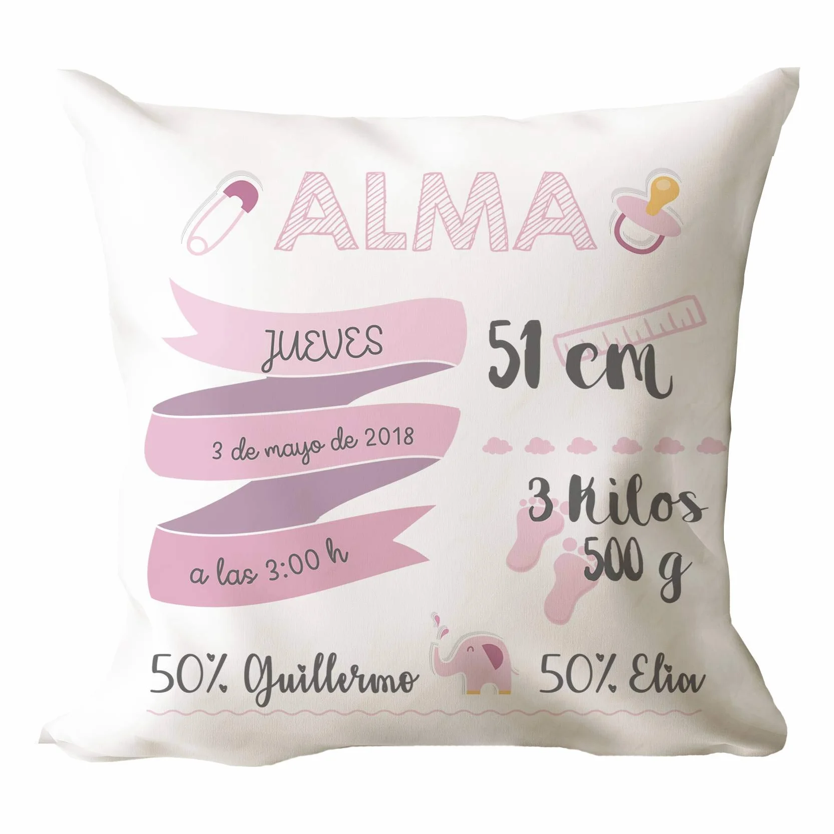 Cojín Personalizado Rosa con Datos de Nacimiento del Bebé