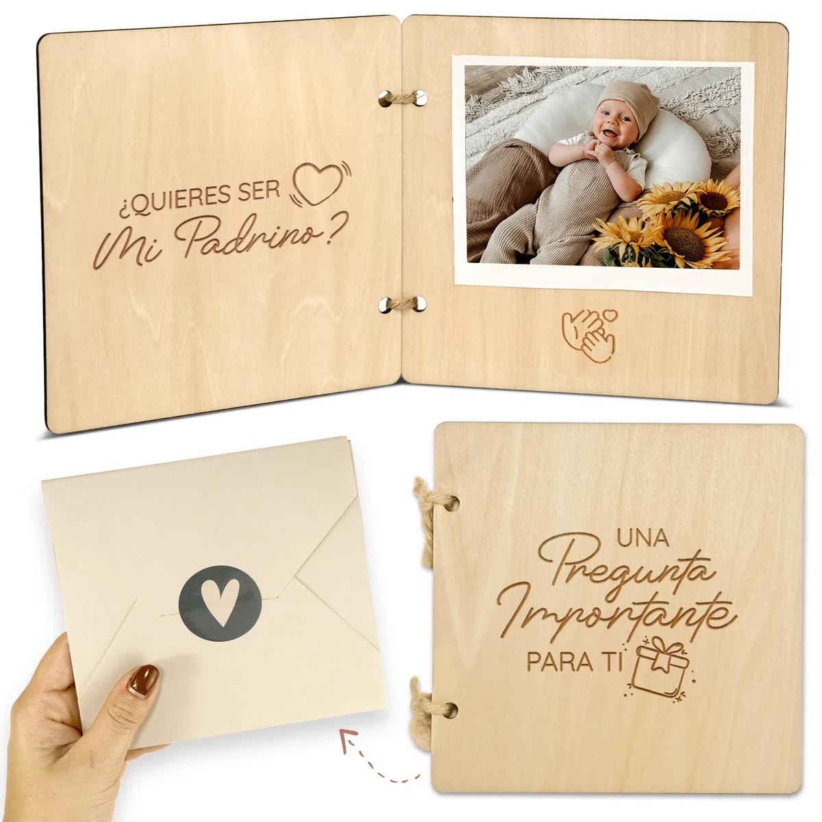 Quieres ser mi madrina de bautizo? Quieres ser mi padrino? - Regalo padrinos bautizo - Padrinos bautizo propuesta en librito de madera con espacio para foto de tu bebé | Mikito