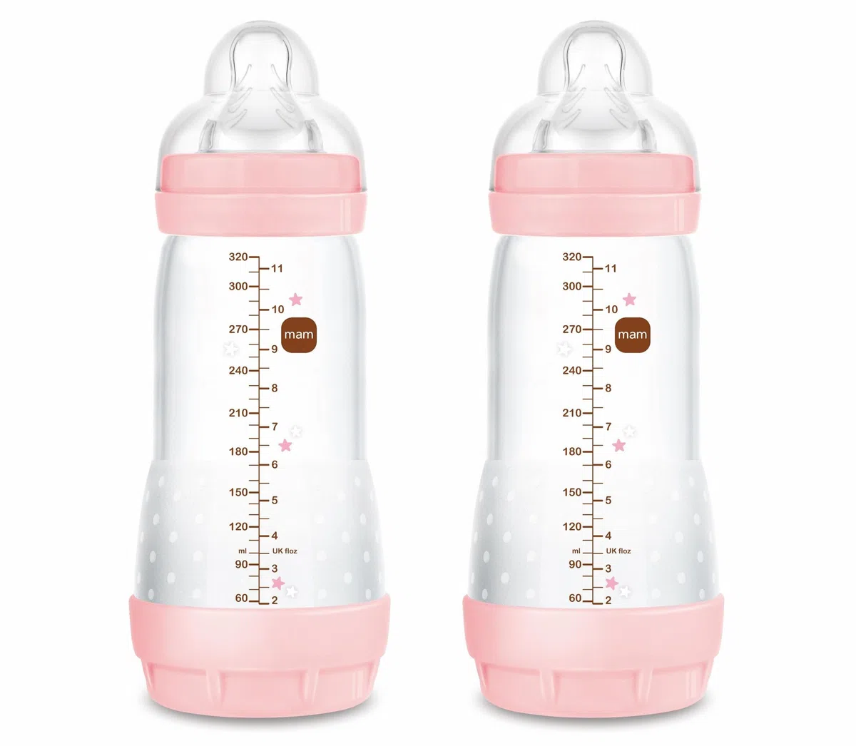 MAM Pack 2 Biberones Anticólicos, a partir de 4 Meses, 320ml, con Tetina 3 Flujo Rápido de Fácil Aceptación, Autoesterilizable y Fácil de Limpiar, MAM Easy Start Anti-Colic, Rosa Brillante, Pack 2uds