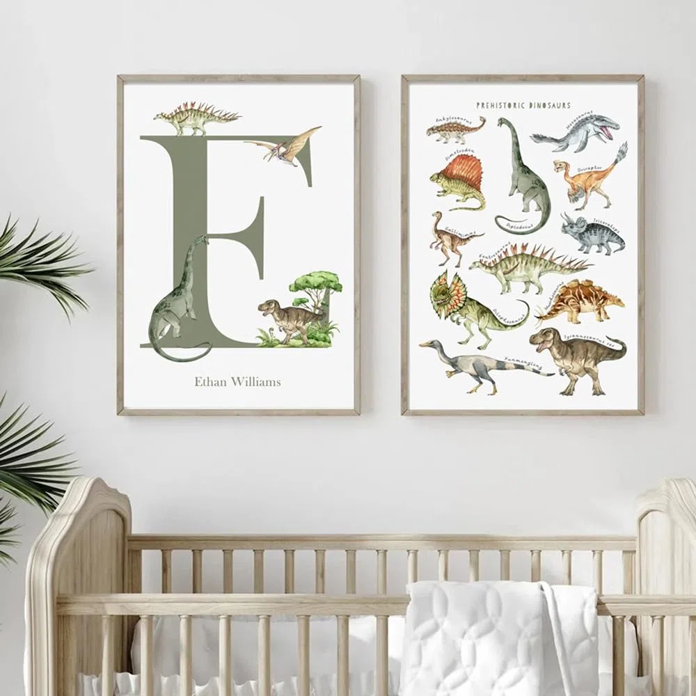 Youihom 3 Poster Dinosaurios Niños Cuadros Bebe Personalizados con Nombre Laminas 30x40 Infantiles Cuadros Verdes Habitación Poster Alfabeto Español Laminas Lienzo sin Marco
