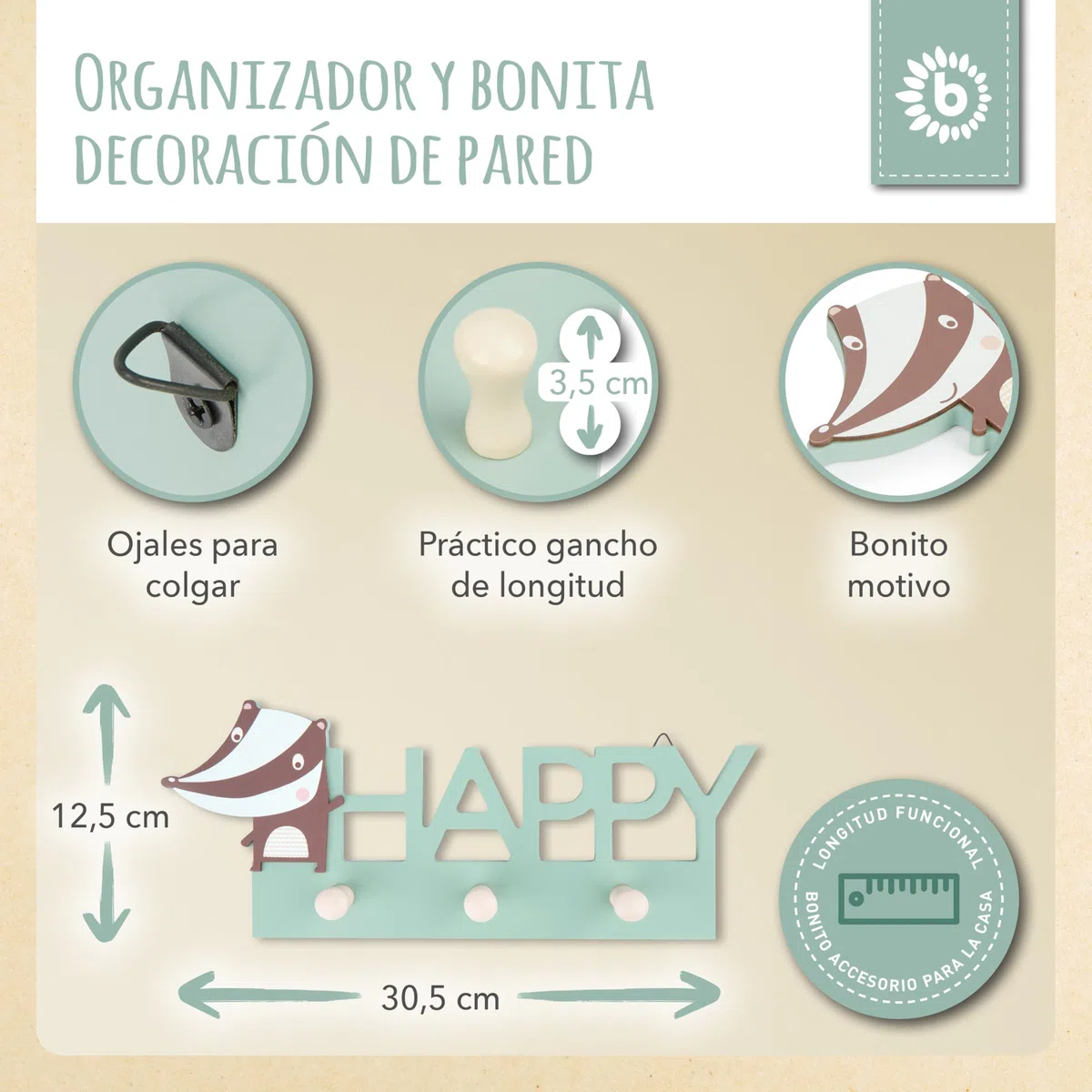 BIECO Garderobe Kinder Happy | Perchero Infantil Madera | Ganchos | Perchero Pared Madera | Colgador Ropa Infantil | 30 cm | 3 Ganchos |