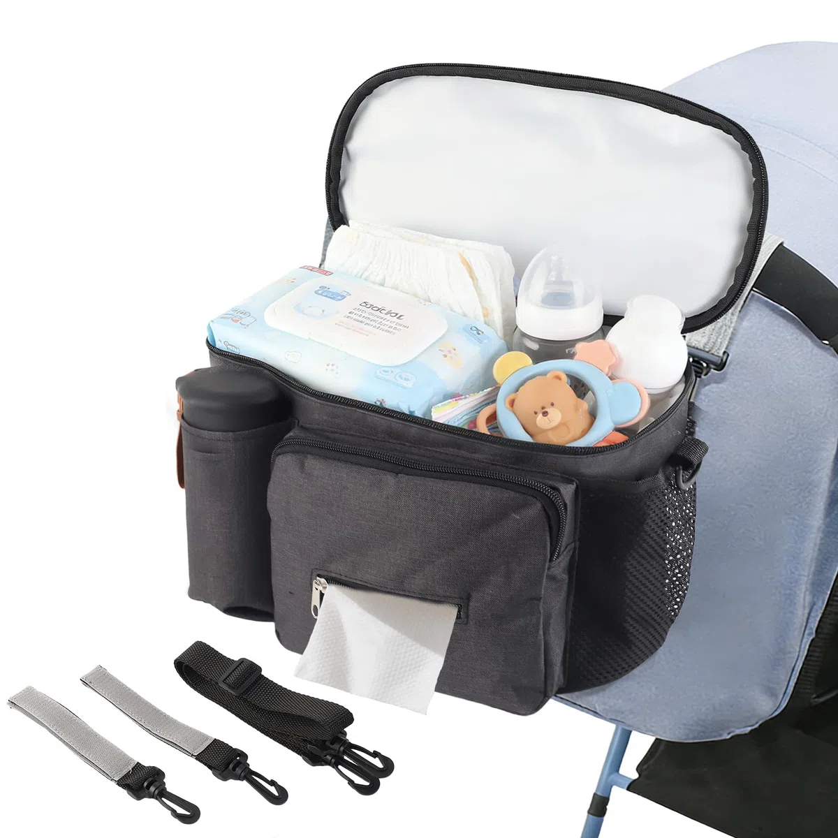 Bolso para carro bebe universal, Bolsa carro bebe de gran capacidad, Viene con correa de hombro desmontable, Proteger contra salpicaduras ligeras de agua