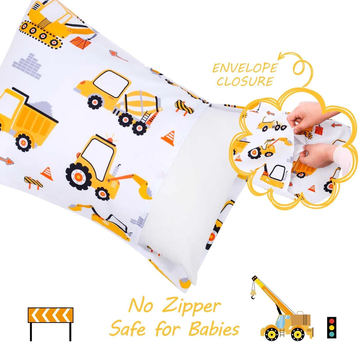 JISEN Fundas de almohada para niños pequeños de 33 x 46 cm, 30 x 40 cm, 35 x 48 cm, funda de almohada de bebé con vehículo de ingeniería, paquete de 2 fundas de almohada pequeñas para almohada de