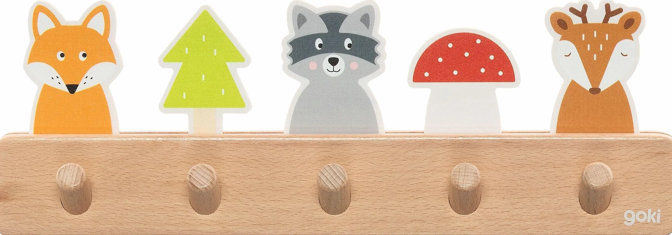 goki 60662 – Perchero de madera con 5 ganchos, diseño de zorro, mapache, ciervo, para habitación infantil, promueve el orden y la autonomía, a partir de 1 año