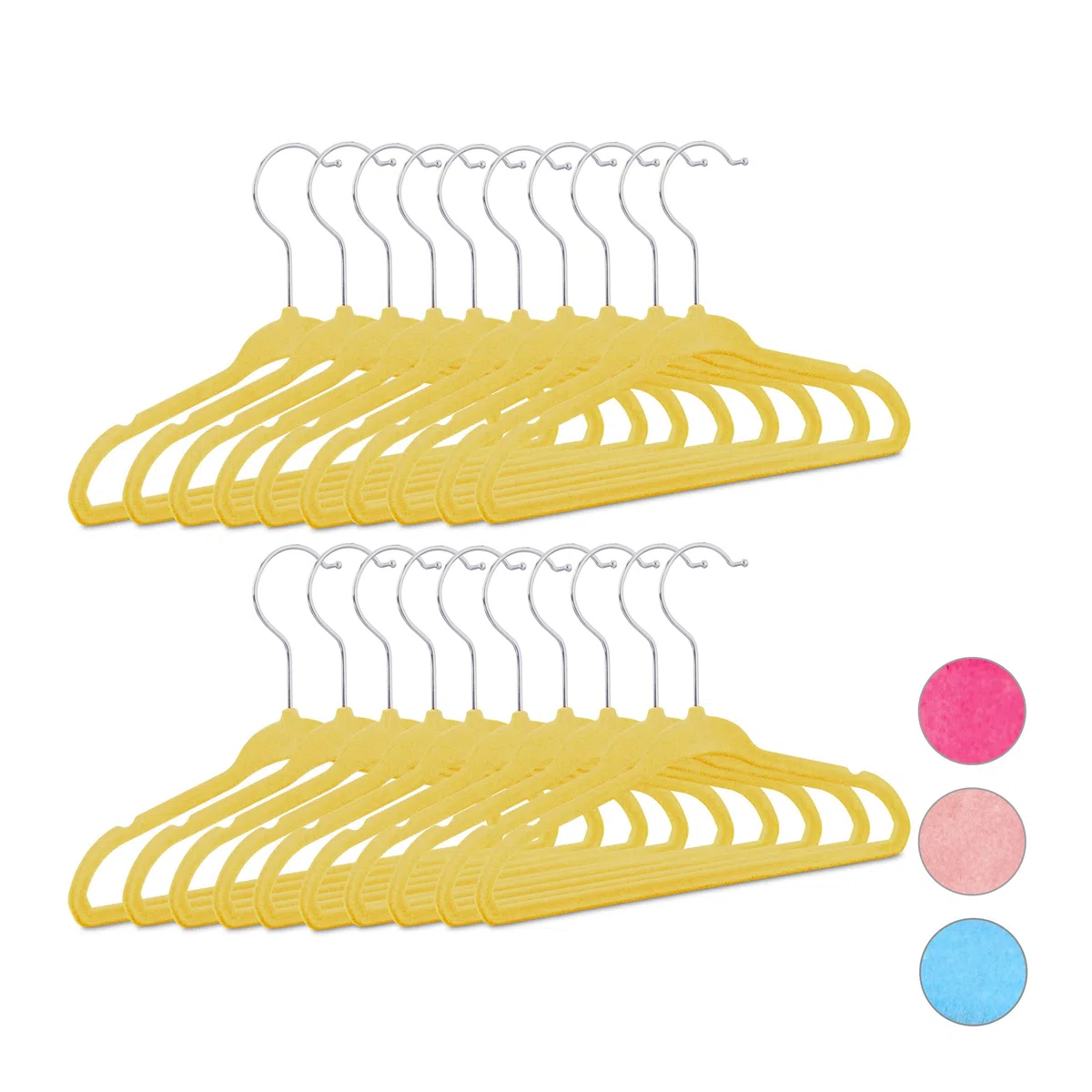 Relaxdays pack de 20 perchas infantiles, Plástico y terciopelo, Antideslizantes, 18 x 28 x 0,5 cm, Amarillo