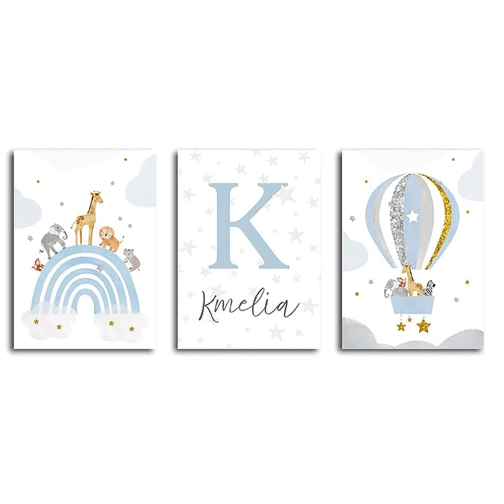 3 Poster Nordico Infantil Lamina Nombre Personalizado Bebe Cuadros Habitacion Arcoiris Globos Aerostáticos para Decoracion Dibujos Animales Azul Niños Impresión en Lienzo 30 x 40 cm sin Marco