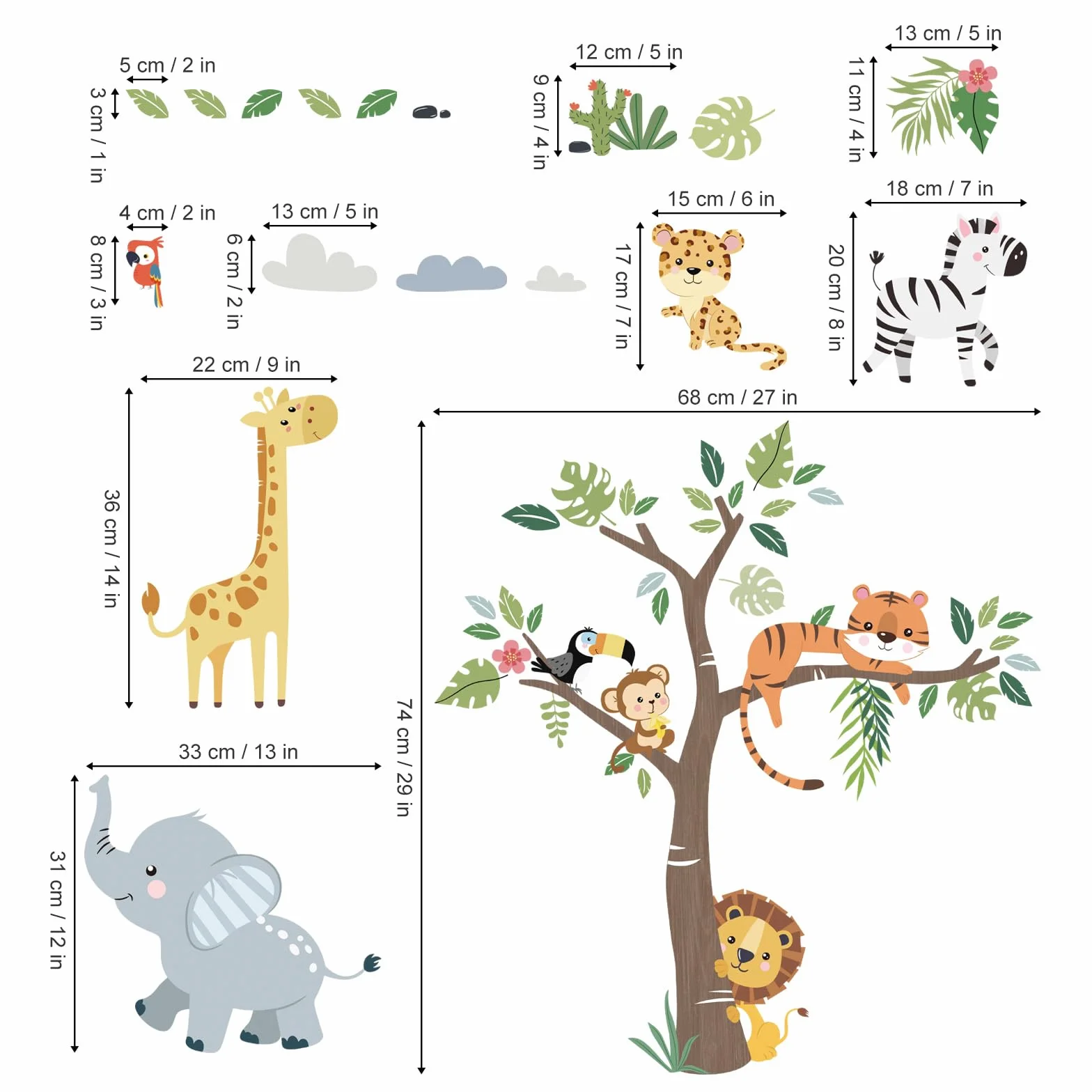 Decalmile Pegatinas de Pared Animales de la Jungla Safari Elefante Jirafa León Vinilos Decorativos Infantiles