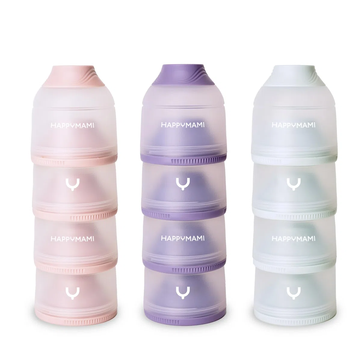 Happymami, Dosificador de Leche en Polvo o Cereales, Color Aguamarina Pastel, 4 Compartimentos Portátiles de 360ml cada uno, Fácil de Llevar, Apertura Sencilla, Superficie Interior Antiadherente | Superficie antiadherente y apertura sencilla. 4 botes de 3