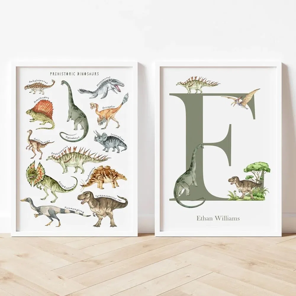 Youihom 3 Poster Dinosaurios Niños Cuadros Bebe Personalizados con Nombre Laminas 30x40 Infantiles Cuadros Verdes Habitación Poster Alfabeto Español Laminas Lienzo sin Marco