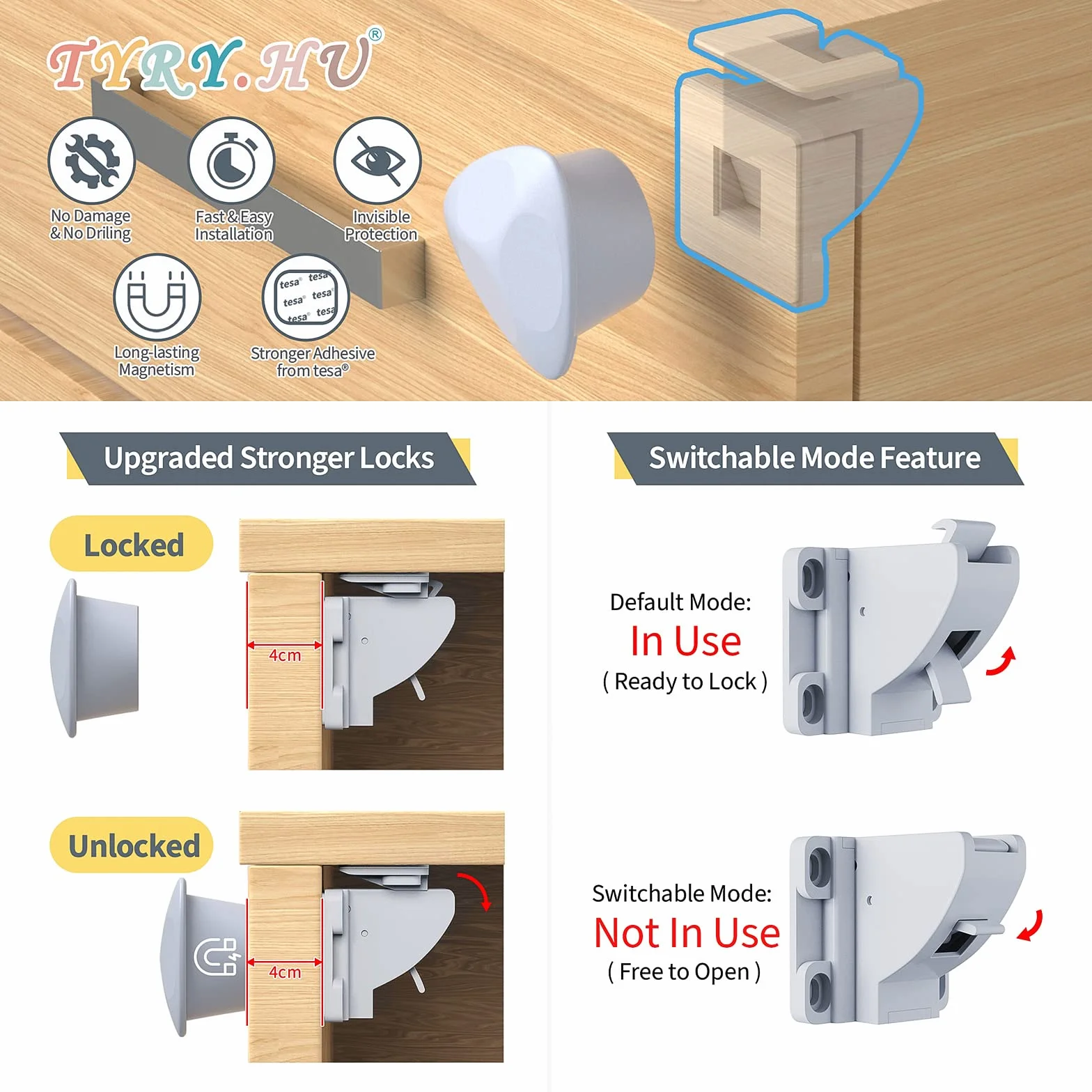 TYRY.HU Invisibles Cierre Seguridad Cajones Bebe Magnetico (10 cerraduras + 2 llaves), Cerraduras de Armarios Seguridad para Niños, Sin Perforación, Instalación Fácil