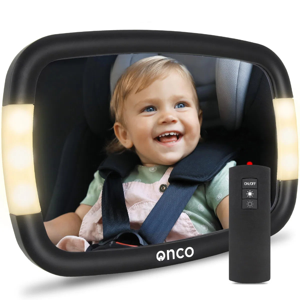 Onco Espejo Coche Bebé Con LED - 2 Modos de Luz Ambiental, 100% Irrompible, Ajuste Universal y Orientable 360°, Asiento Trasero, Retrovisor, Accesorios