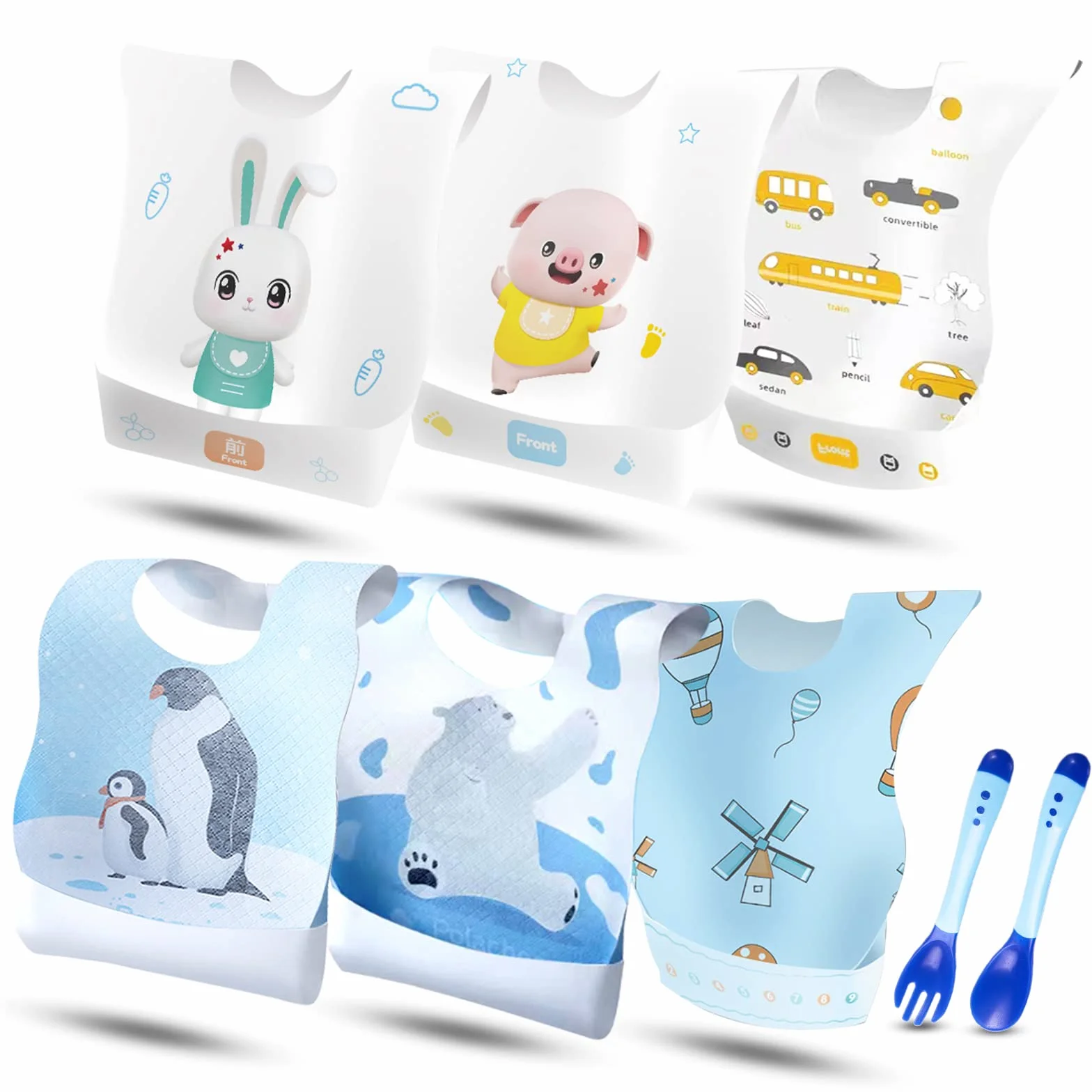 Baberos Desechables Bebe con 10 Diseños de 60 Unidades + 1 Tenedor + 1 Cuchara Baberos Bebe Desechables de Alimentación para Niños Infantil Ajustables Impermeables Absorbentes para Casa o Viajes