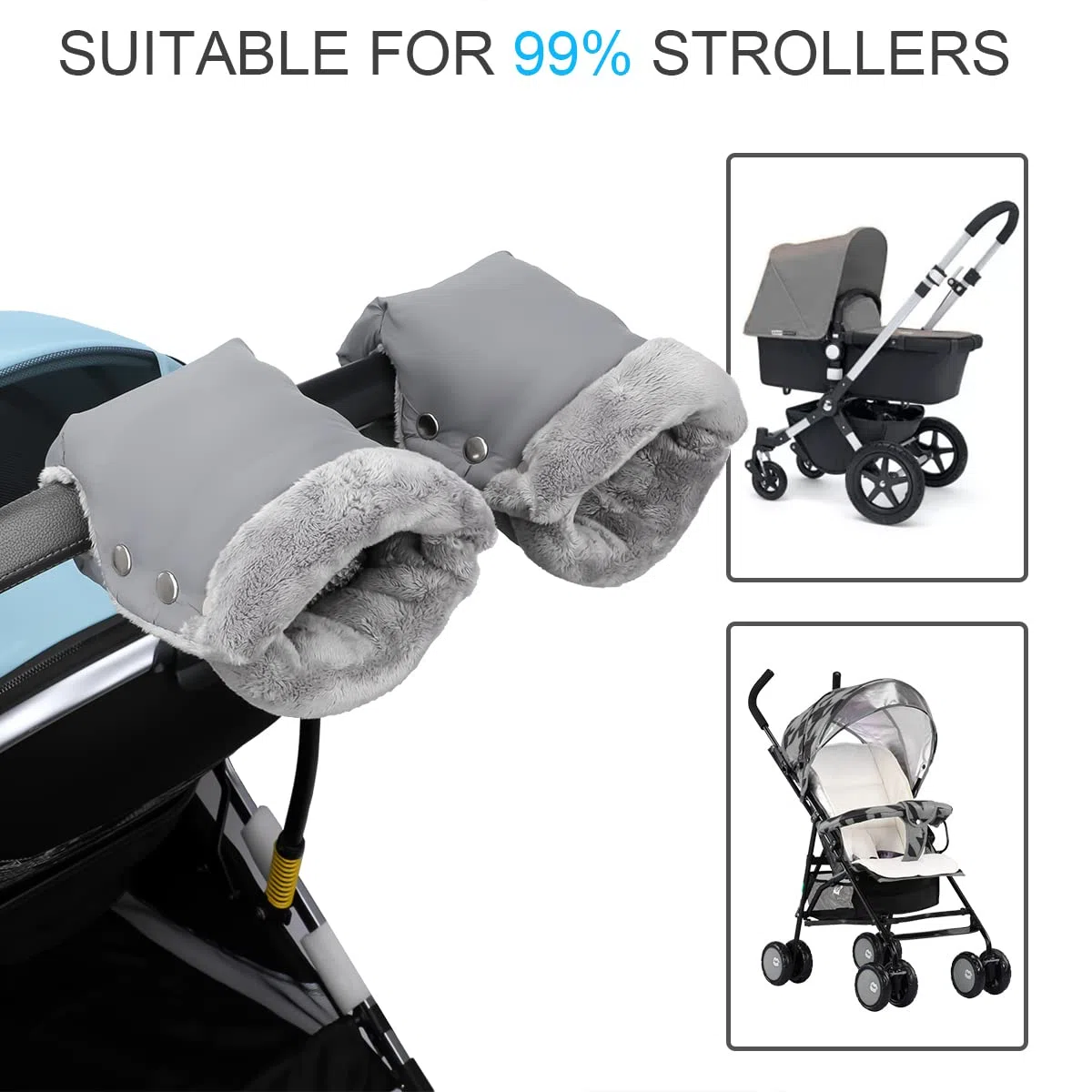 Guantes de Cochecito Guantes de Silla de Paseo Manoplas​para silla de paseo con interior de forro Prueba de Viento Bebé Guante para Todos los Cochecitos (2.Gris)