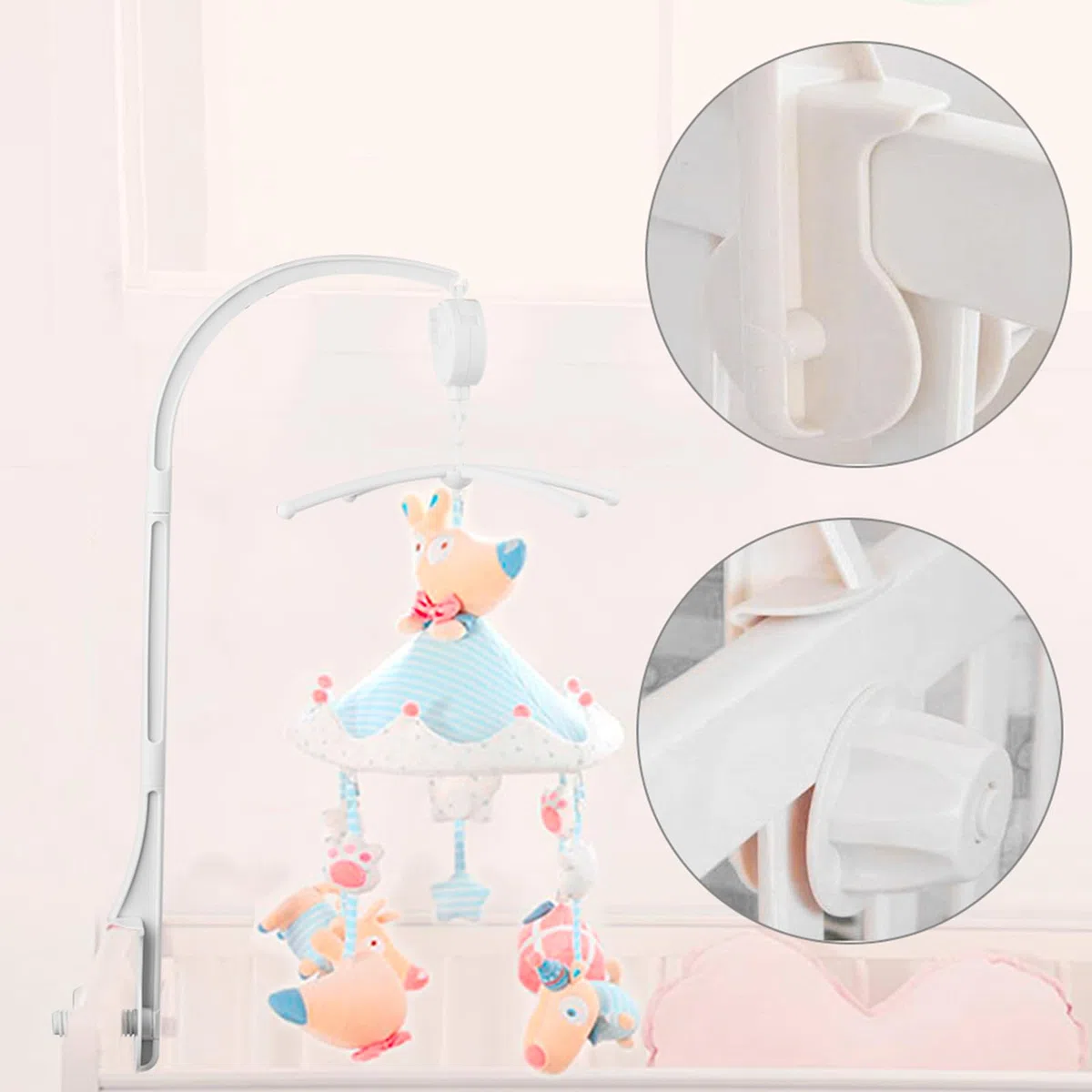 Soporte para cama y cuna de bebé - Brazo móvil con caja de música mecánica y soporte extendido con tuerca y tornillo - Juguetes para Baby Girl & Boy