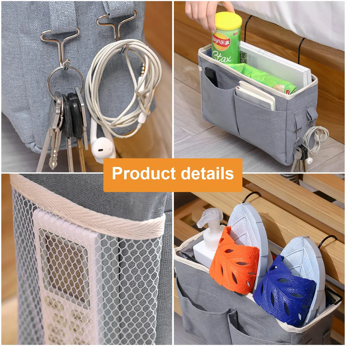 2 Piezas Organizador de Cabecera, Bolsillos para Cama con Gancho para Hogar, Oficina, Escuela, Litera, Cuna - Bolsa de Almacenamiento (Gris)